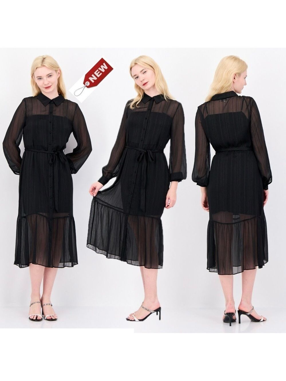 Nanette Lepore black metallic midi shirt dress pleated skirt sheer sleeves 14